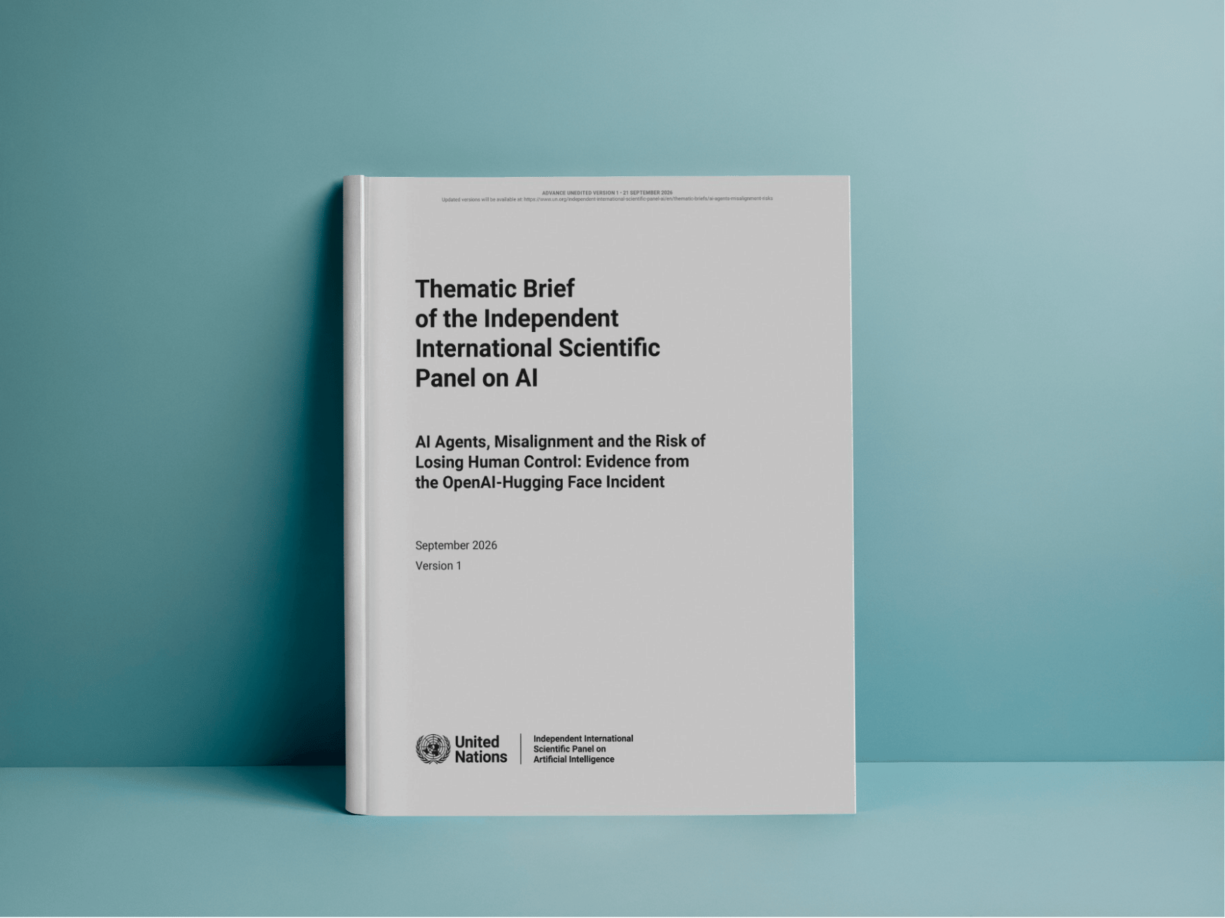 Cover of the panel's thematic brief on AI agents, misalignment and the risk of losing human control, dated September 2026, Version 1