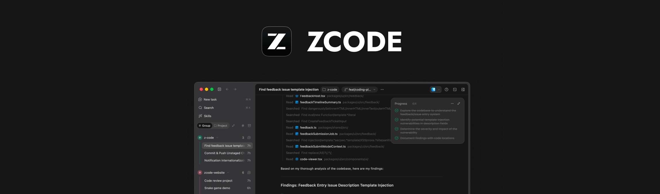 ZCode coding agent interface from the ZCode social card published by Z.ai