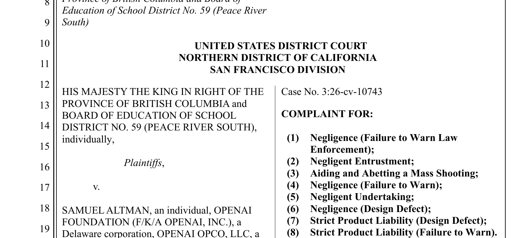 First page of the British Columbia and School District 59 complaint against Sam Altman and OpenAI