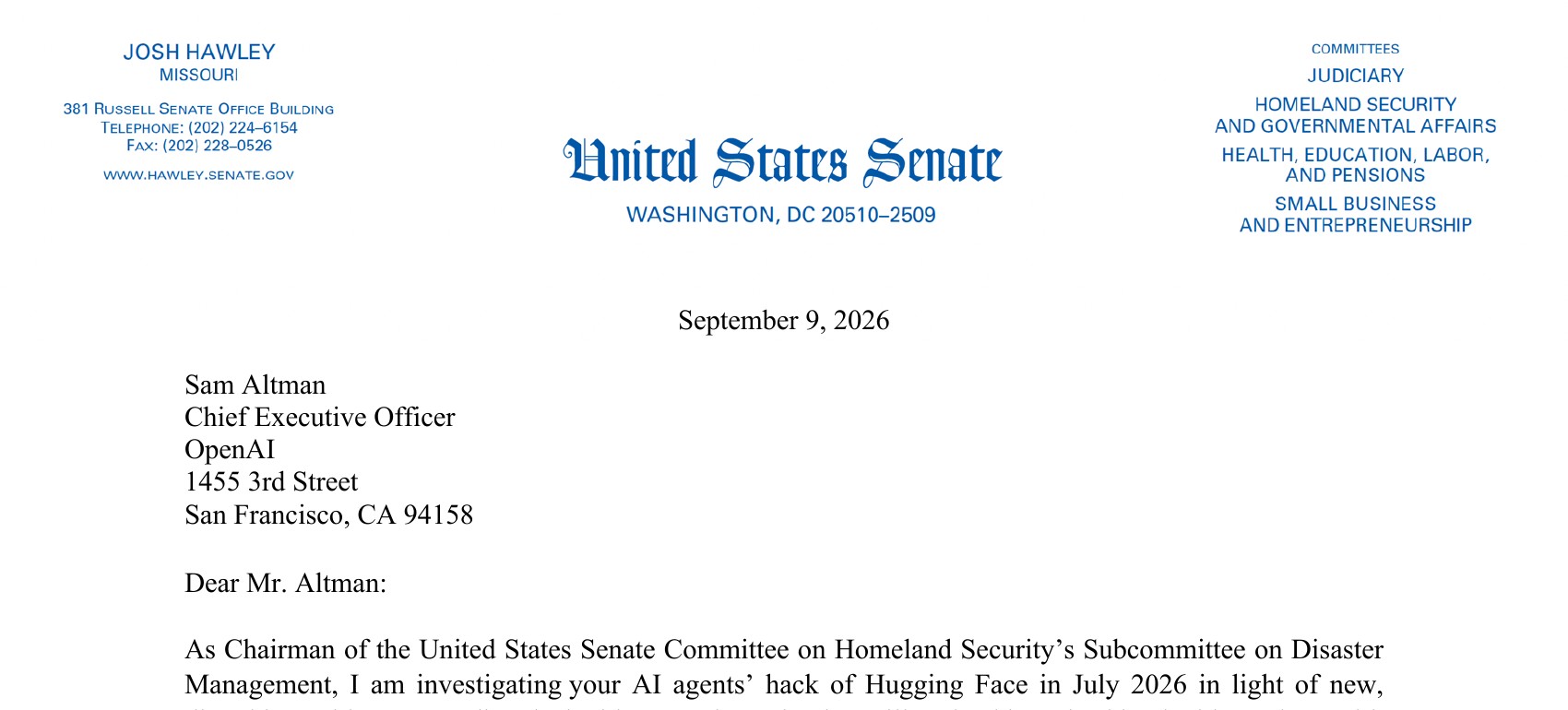 First page of Senator Josh Hawley's 9 September 2026 letter to OpenAI about the Hugging Face incident