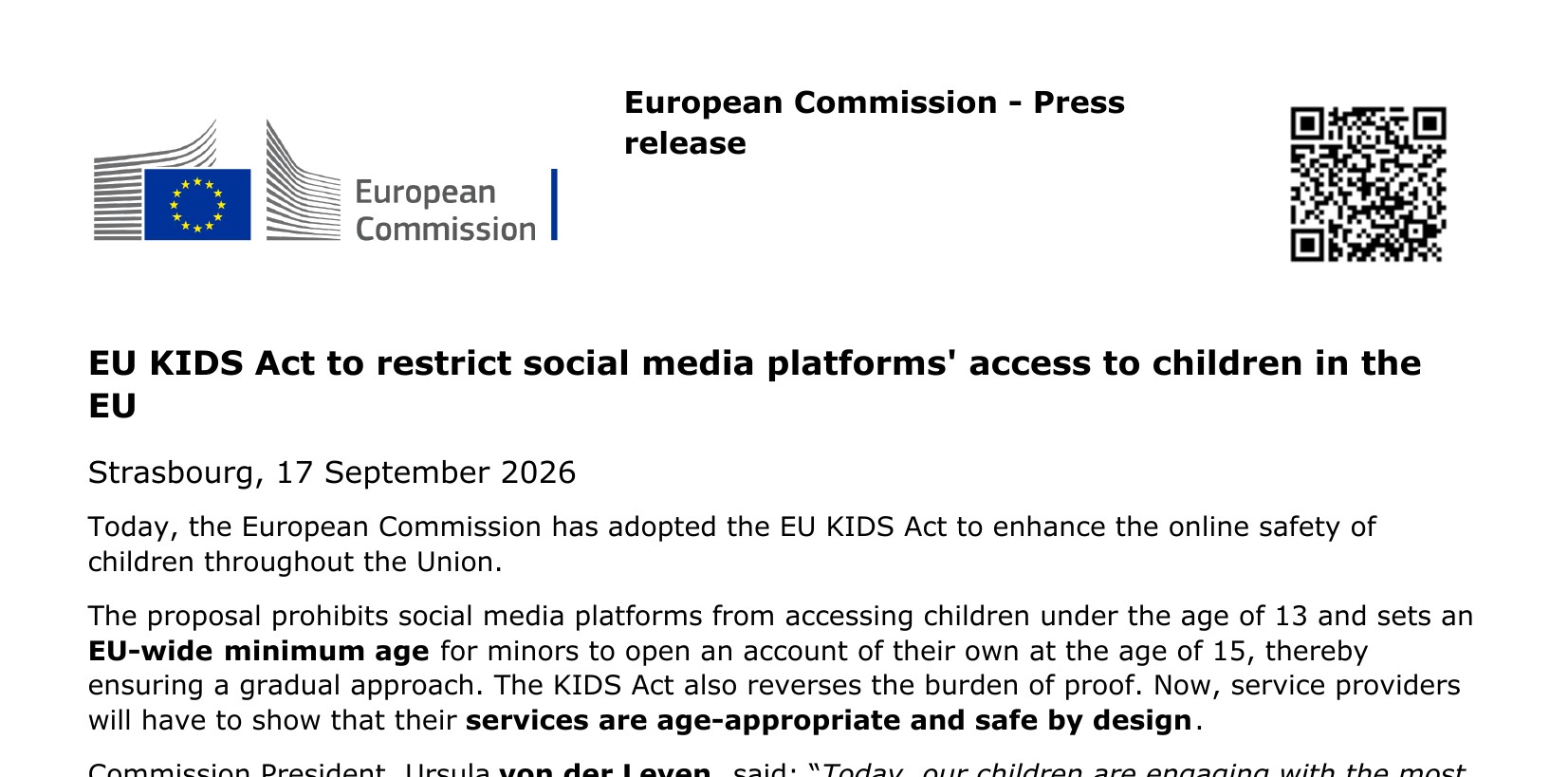 European Commission press release IP/26/1890 on the KIDS Act