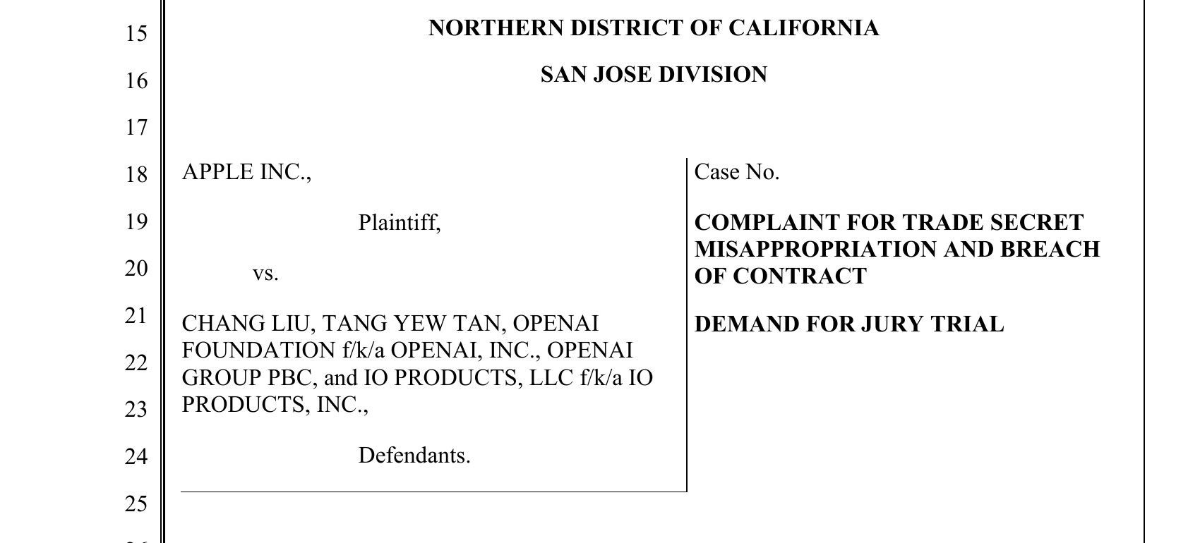 Caption page of Apple Inc. v. Liu complaint filing in the Northern District of California