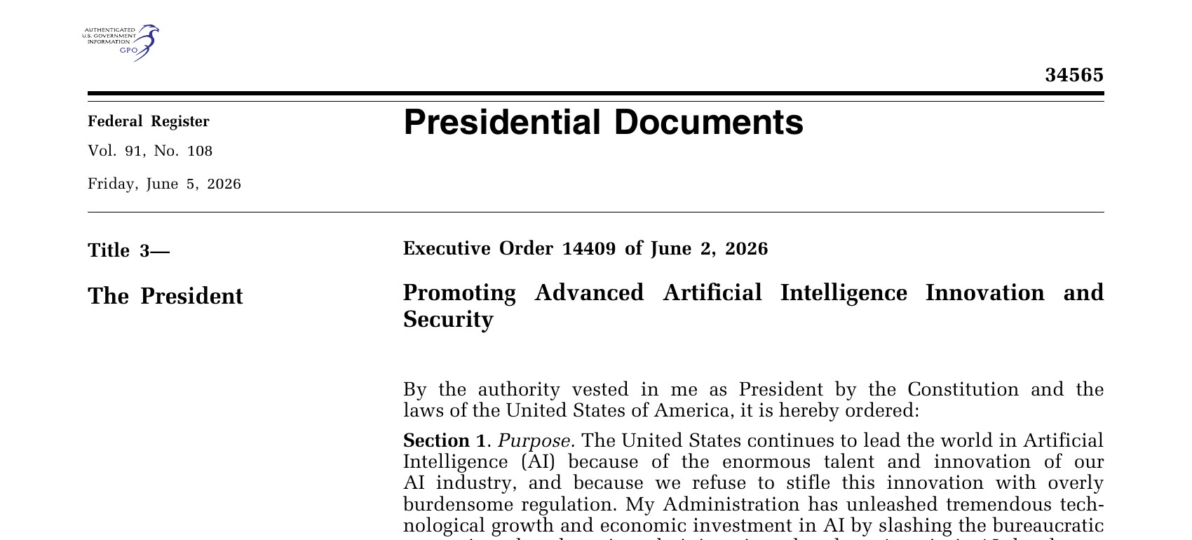 First page of Executive Order 14409 as printed in the Federal Register on 5 June 2026