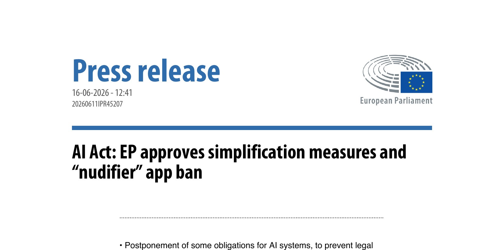 European Parliament press release "AI Act: EP approves simplification measures and nudifier app ban"