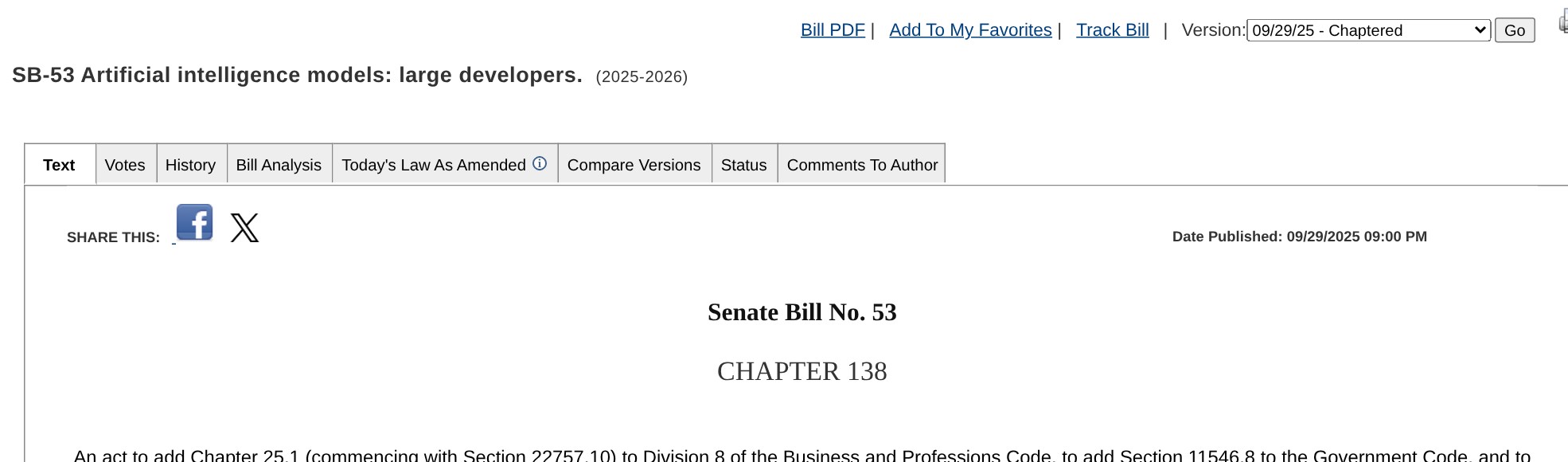 California Legislative Information page for SB-53, Senate Bill No. 53, Chapter 138