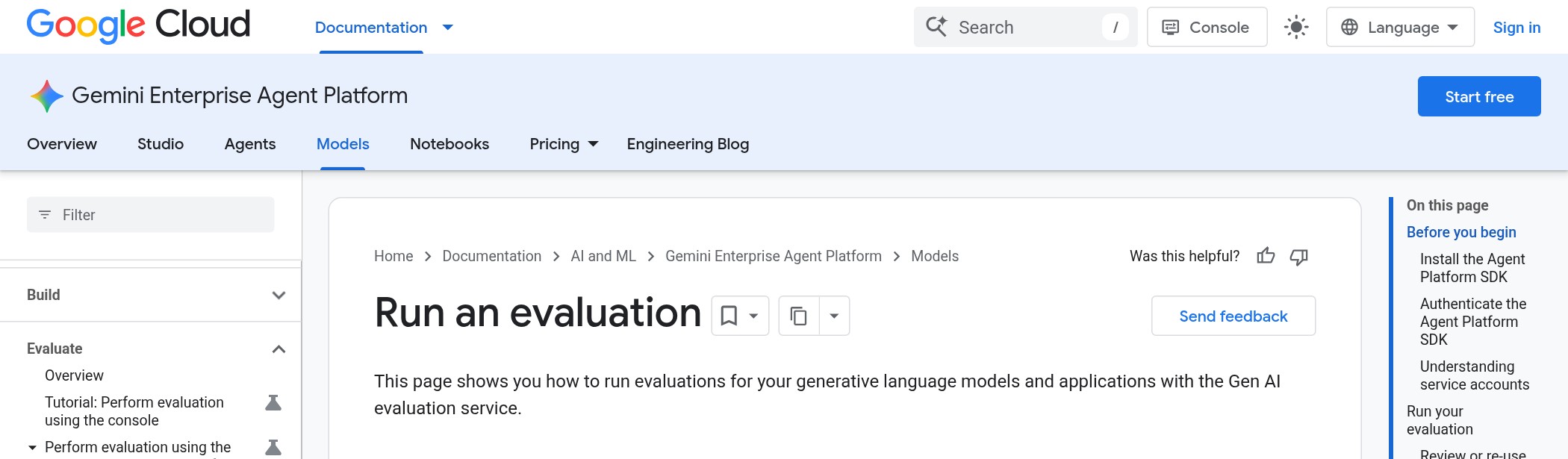 Google Cloud documentation page "Run an evaluation" for the Gen AI evaluation service