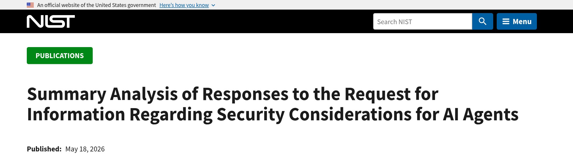 NIST publication page for NIST AI 800-5, the summary analysis of responses to the AI agent security RFI