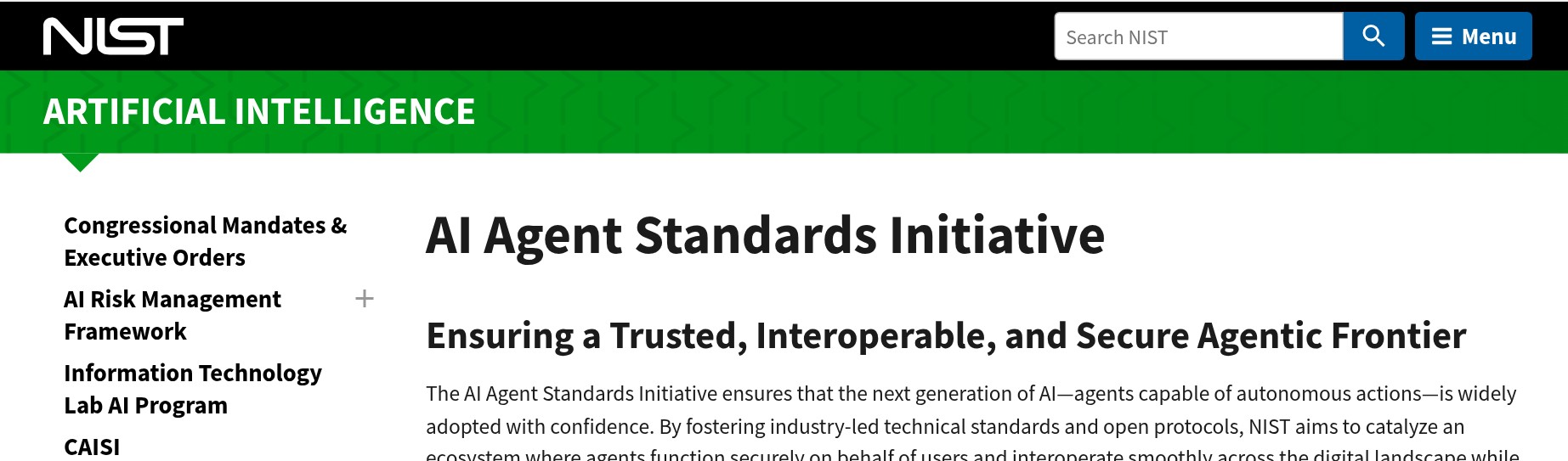 NIST CAISI page for the AI Agent Standards Initiative