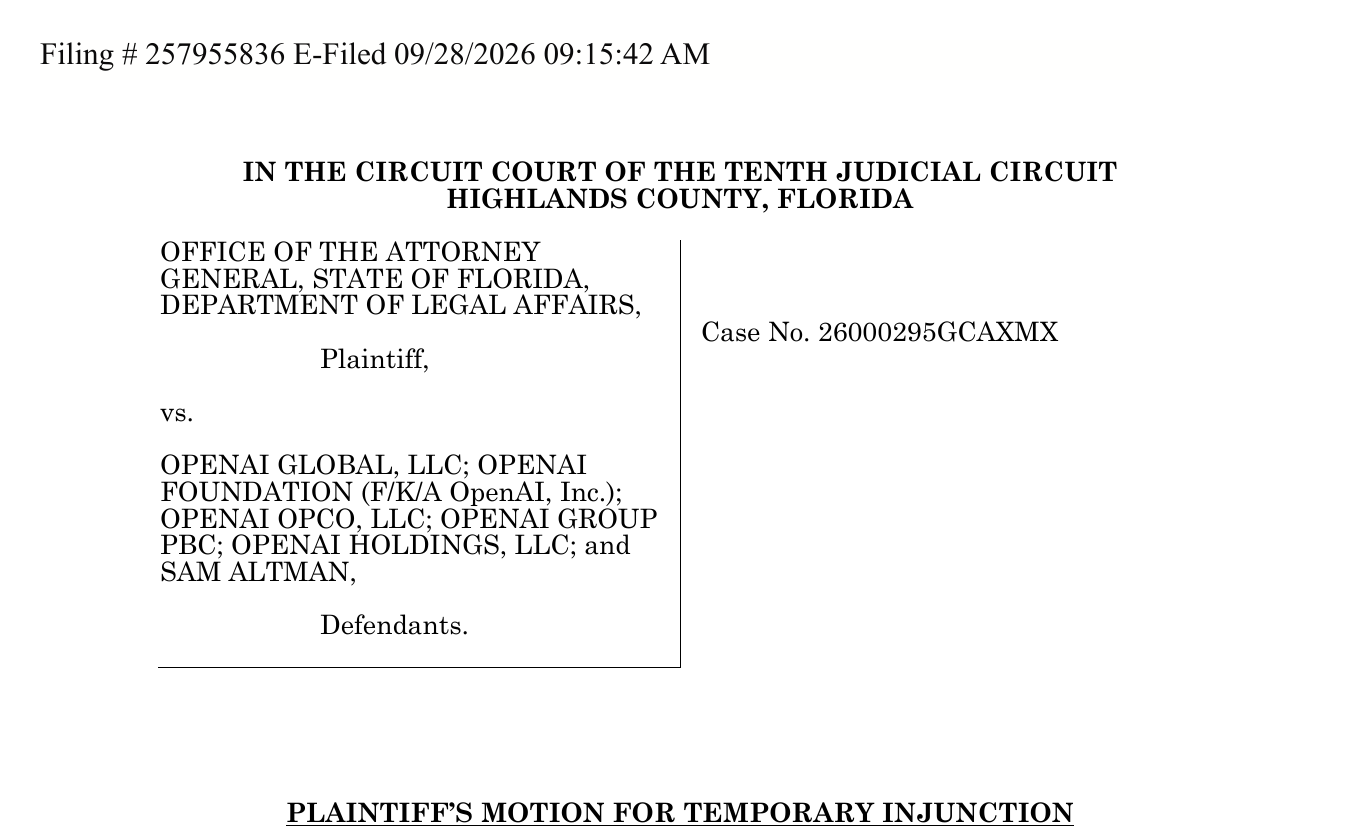 First page of the Florida Attorney General motion for temporary injunction against OpenAI, showing the case caption and the 28 September 2026 e-filing stamp