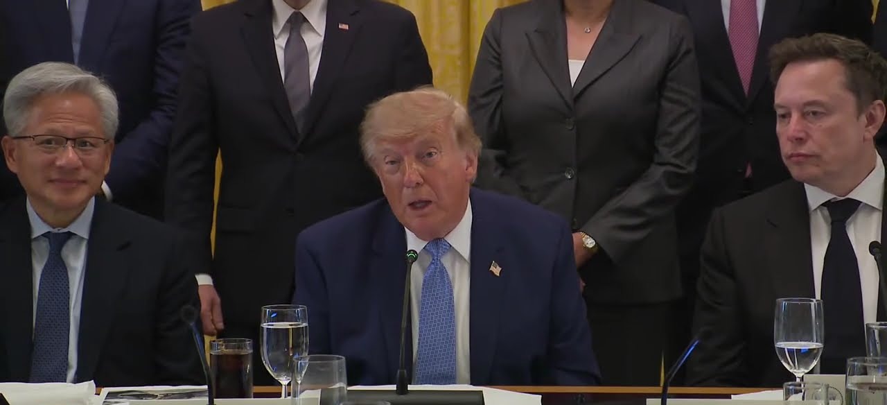 Jensen Huang, President Trump and Elon Musk seated at a White House table during the Super Intelligence lunch