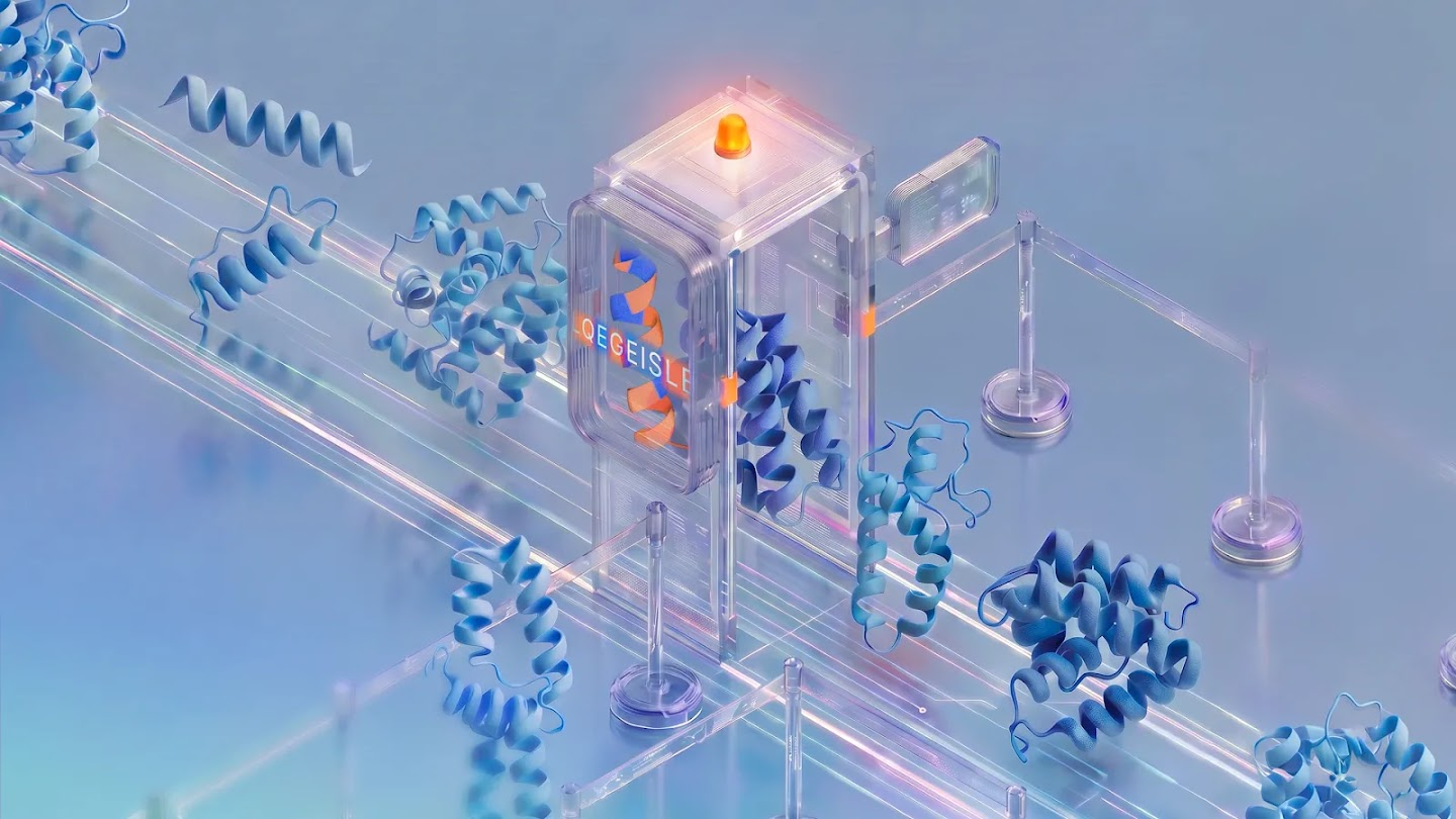 Isometric render of blue protein structures passing through a glass checkpoint scanner