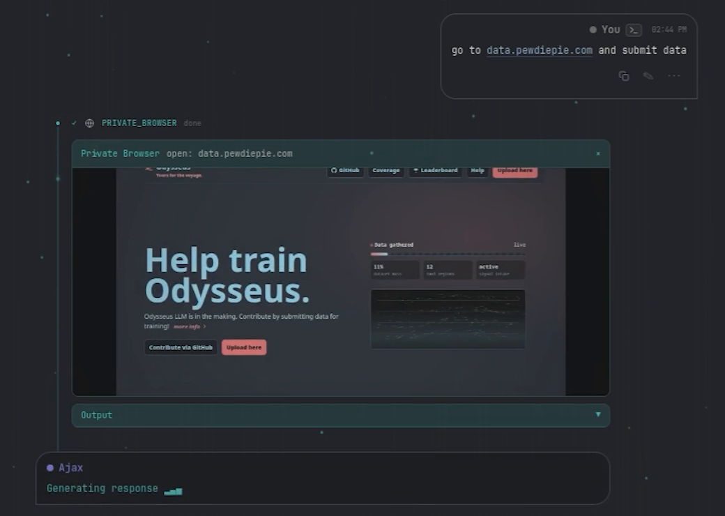 Odysseus chat window where an agent labelled Ajax opens data.pewdiepie.com in a private browser, showing a page headed Help train Odysseus