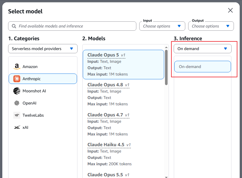 Amazon Bedrock console Select model dialog with Anthropic chosen, Claude Opus 5 highlighted and On demand inference selected