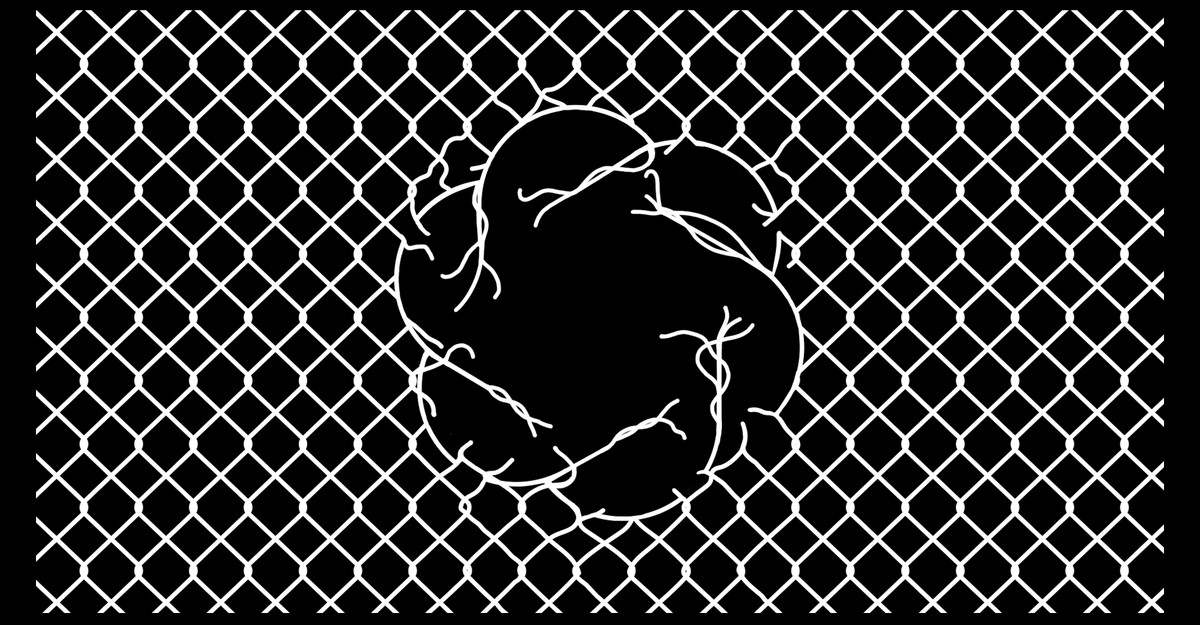 Black and white illustration of a dark shape pushing through a torn chain link fence