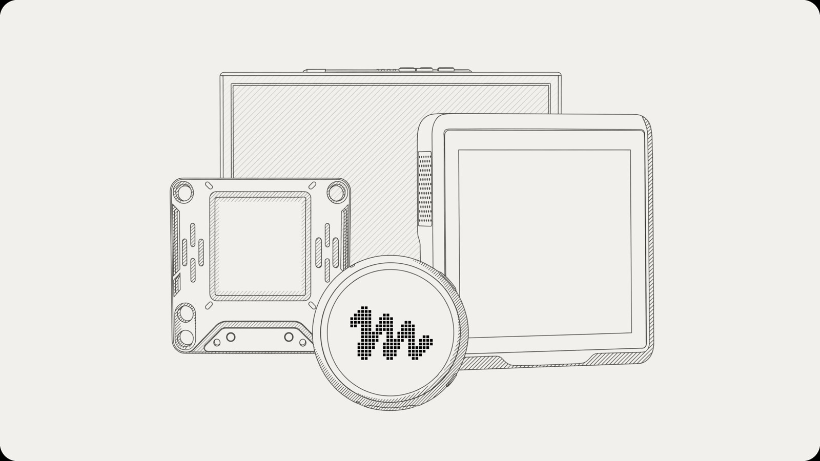 Line art of Muse gadgets including a round display, M5Stack stick, Home Link dongle, Raspberry Pi and e-ink terminal