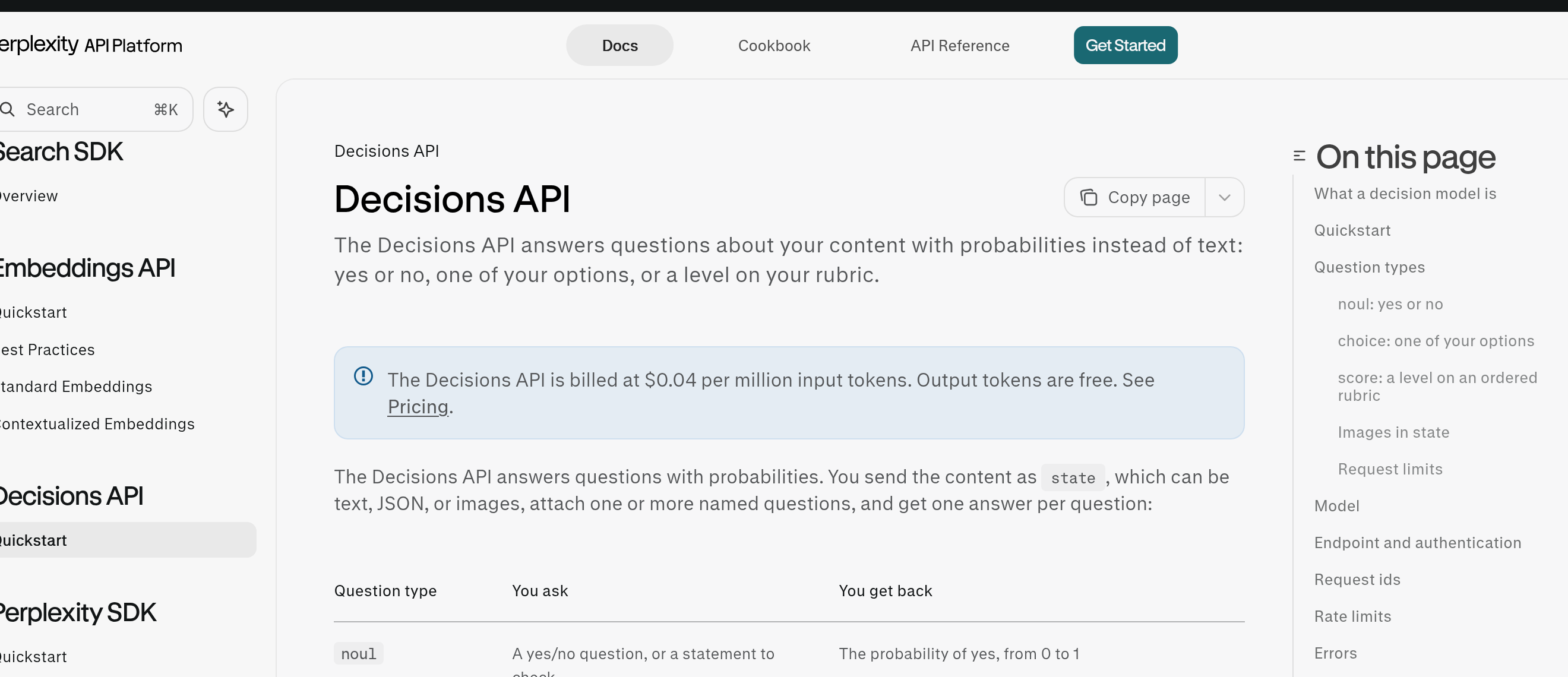 Perplexity Docs Decisions API quickstart page showing pricing callout and bool choice score question types