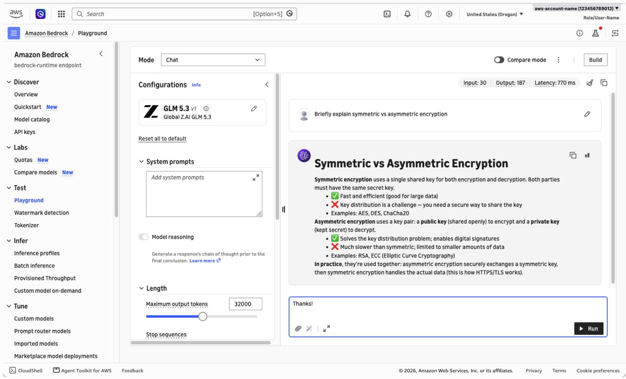Amazon Bedrock playground with Global Z.AI GLM 5.3 selected and a chat answer on symmetric and asymmetric encryption