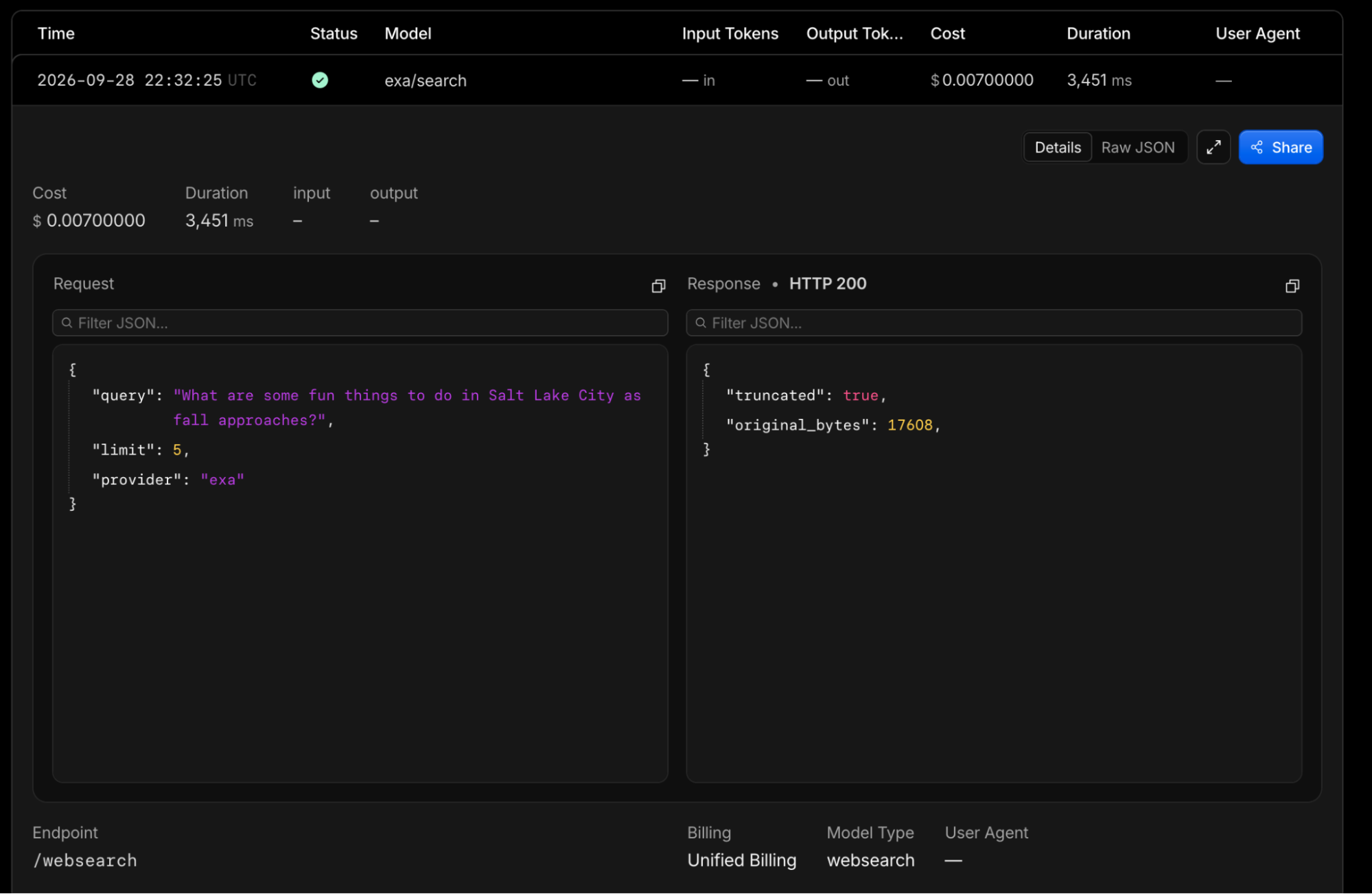 AI Gateway log entry for an Exa web search request with a cost of $0.00700000 and a duration of 3,451 ms
