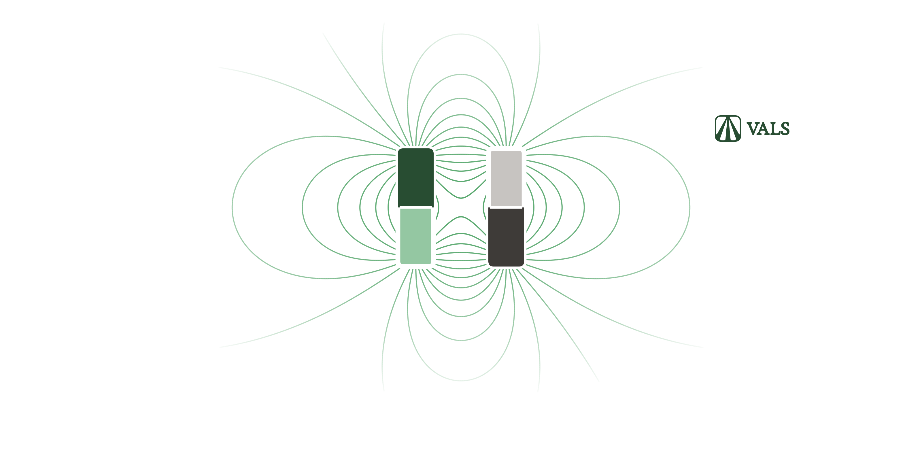 Vals AI illustration of two pairs of oppositely coloured bar magnets inside curved magnetic field lines