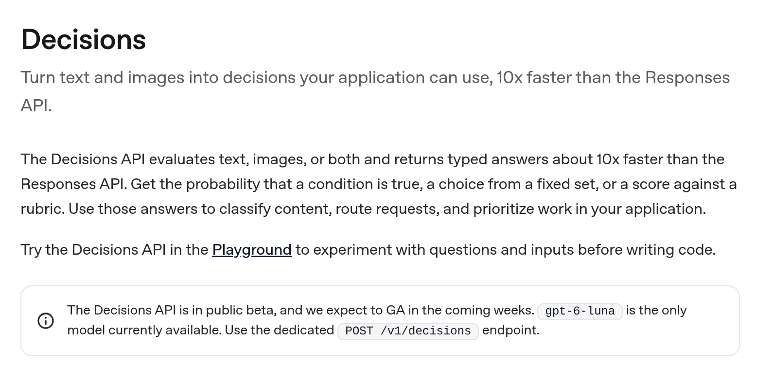 Top of the OpenAI Decisions guide, with a note that the API is in public beta and gpt-6-luna is the only model