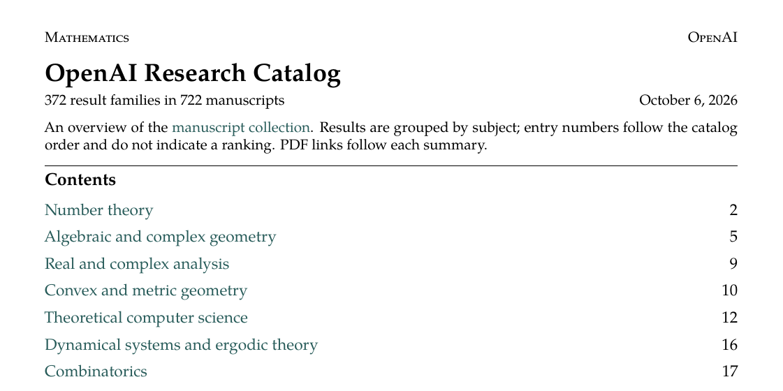 First page of OpenAI's research catalog overview, listing 372 result families in 722 manuscripts, dated 6 October 2026, with a contents list by subject