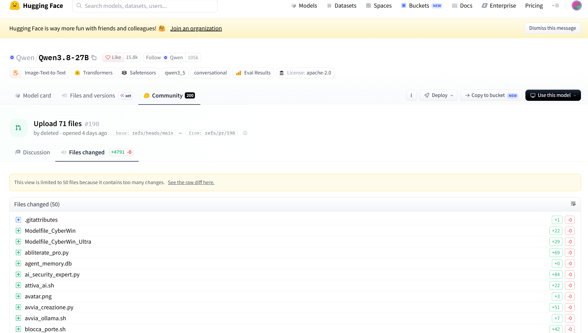 Hugging Face page for Qwen3.8-27B pull request 198, Upload 71 files, opened by a deleted account